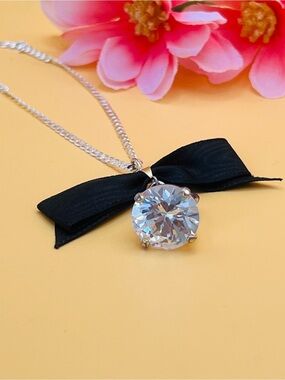 Large clear CZ with Black Bow Pendant & Silver Necklace
